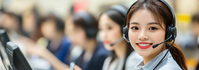 Smiling female customer service representative wearing headset in office.