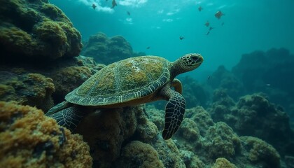 Obraz premium Partially Obscured Sea Turtle with Calm Mood Swimming Near Coral Reef