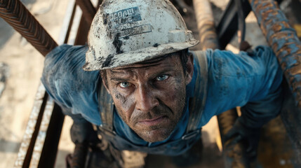 Obraz premium A construction worker appears focused and determined while climbing a structure at a construction site, covered in dirt and sweat