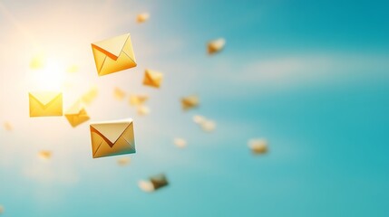 Golden Envelopes Soaring Through Sky - Many golden envelopes float in a bright blue sky, symbolizing communication and message delivery