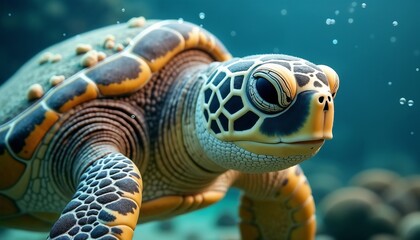 Fototapeta premium Intricate Sea Turtle with Tranquil Mood Looking Directly Underwater