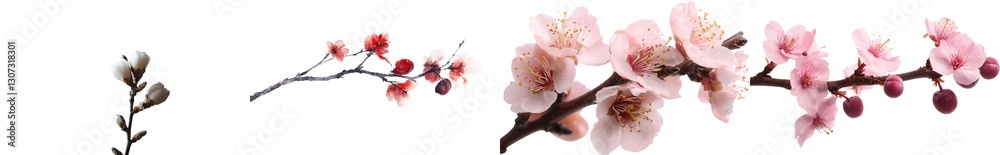 Poster blooming flowers from a plum tree are depicted on a plain white background