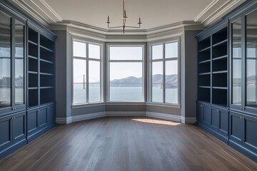 Fototapeta premium Sunlit bay view from a library with built-in bookshelves and hardwood floors.