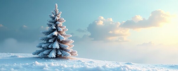 a solitary white isolated Christmas tree against the sky, rustic, twiggy, winter