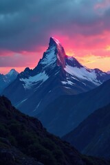 A solitary mountain peak shines brightly against the evening sky, landmark, evening sky