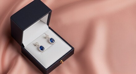 Pair of oval sapphire and diamond earrings nestled in a navy blue jewelry box atop a soft pink silk fabric. Luxury gift concept.