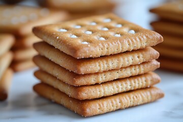 Stack of square crackers seasoned with salt perfect for snacking or pairing with toppings Crispy and golden-brown delights