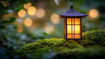 Illuminated lantern on moss, bokeh lights background.