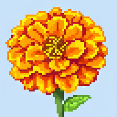 Pixel art marigold flower with vibrant orange petals on a light blue background for cross stitch pattern