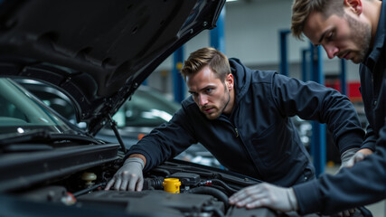 Expert Mechanics Diagnosing a Vehicle's Issues