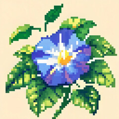 Pixel art morning glory flower with vibrant blue hues on a light background for cross stitch pattern