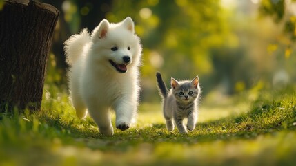 A spirited white Samoyed dashes rightward with fluffy fur billowing and upward-pointing ears against a vibrant backdrop