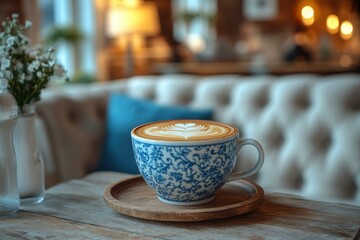Coffee Cup with Latte Art on Wooden Tray cozy cafe setting with blurred background Floral details and warm lighting