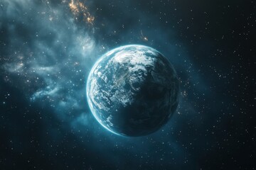 Obraz premium Celestial view of a distant planet with striking blue waters and swirling clouds