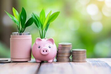 Growing Wealth: Piggy Bank and Plants - Pink piggy bank next to growing plants and stacks of coins, symbolizing financial growth and investment