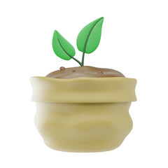 3D Cartoon Seedling Growing in Burlap Sack