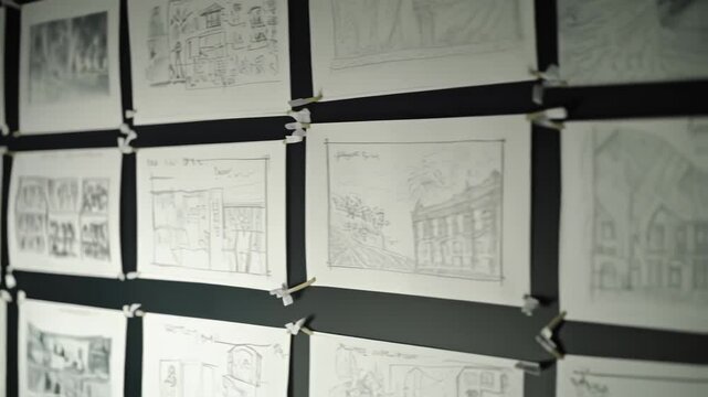 Pensive film director contemplating storyboard sketches pinned to a wall, evaluating scenes and narrative flow for upcoming movie production