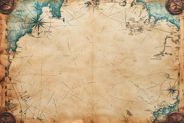 An antique-style nautical map background with a weathered parchment texture, featuring compass roses and faded cartography