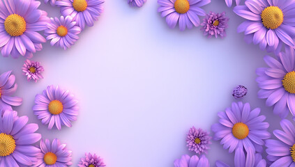 Fototapeta premium colorful purple daisy and chrysanthemum flowers framed on a pastel lavender background with copy space, top view. Flat lay style.