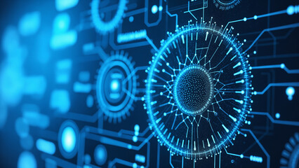 Fototapeta premium Digital background perfect for tech processes, neural networks, artificial intelligence, data transfer and encryption, digital archives, sound and graphic presentations, science, education