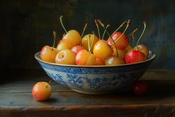 Elegant bowl of rainier cherries on rustic wooden surface