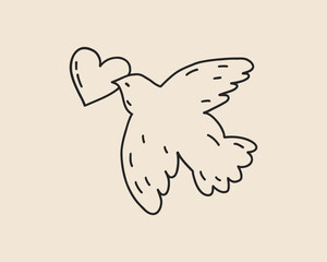Line art dove bird with heart shape. Peace pigeon fly hand drawn doodle. Freedom sketch. Wedding sign. Vector outline illustration