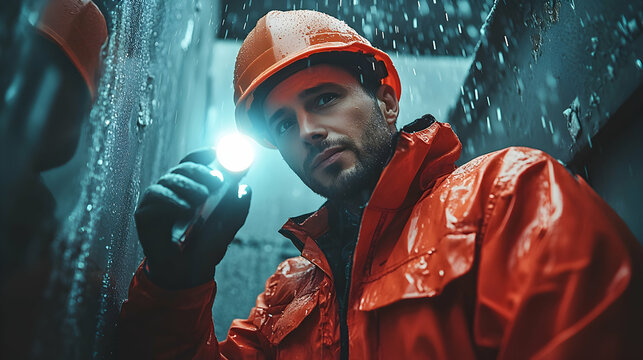 Focused Male Worker in Orange Jacket Using Flashlight During Rain Inspection