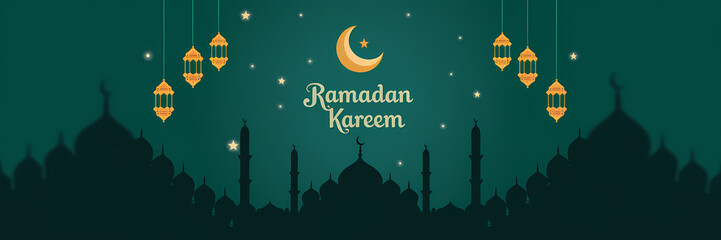 Minimalist Ramadan Kareem Greeting Card Design Featuring Hanging Golden Lanterns Crescent Moon and Mosque Silhouette on Deep Green Background with Arabic Calligraphy and Elegant Islamic Ornamentation
