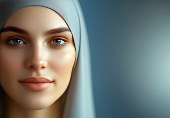 Elegant Portrait of Woman with Light Blue Hijab and Natural Makeup with Soft Focus Background