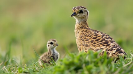 Mother bird watches over her chick in a grassy field
