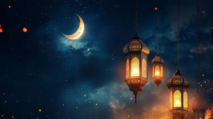 Fototapeta premium ramadan banner moon with glowing lanterns illustration