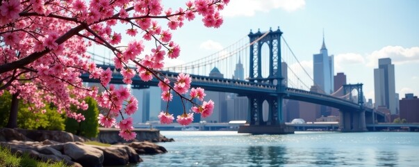 Delicate pink blossoms frame iconic Queensboro Bridge, sunny spring day on Roosevelt Island, architecture, Roosevelt Island, petals