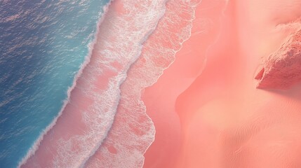 Fototapeta premium Aerial view of ocean waves gently lapping a pink sand beach.