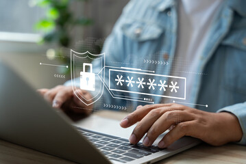 Cybersecurity protects login and secure internet access, Businessman secure data on laptop with...