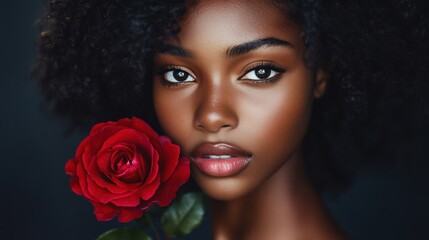 Beauty with a red rose captured in a close-up portrait