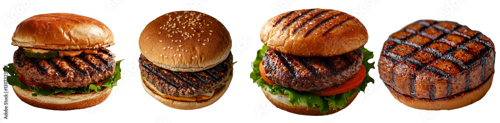 Poster grilled beef from a burger, pictured on its own against a white background