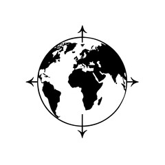 Minimalist black silhouette globe with latitude and longitude lines on white background