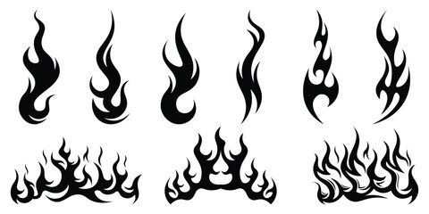 Silhouette Fire flames. Old school tattoo neo-tribal style or silhouette flame for cars. set vector icons. Fire sign. Fire flame icon isolated on white background. Vector illustration