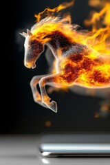 Fiery Horse Concept with Flames and Digital Representation on a Dark Background
