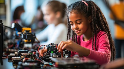 Young girl engaging in robotics workshop to build electronic circuits