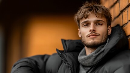 Fototapeta premium Young man in stylish winter jacket poses confidently against a textured brick wall during golden hour sunlight