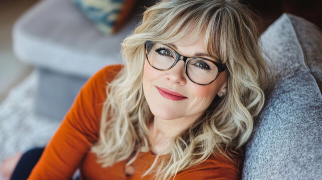 Confident middle-aged blonde woman with glasses smiling in a modern home interior, natural lighting, warm atmosphere, professional portrait for business, lifestyle, and personal branding