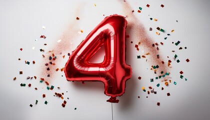 Red balloon number 4 for fourth birthday or anniversary party. White background with confetti