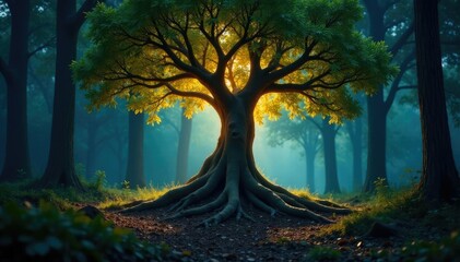 Tree's deep roots glowing with a soft, otherworldly light, forest, mystique, ambiance
