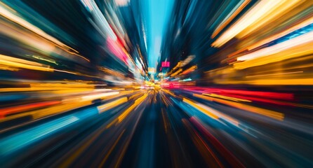 Abstract light trails depict dynamic city movement and energy at night.