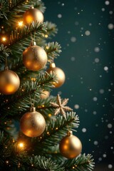 Sparkling snowflakes dance around golden ornaments on a festive Christmas tree, gold, snowflakes, christmas tree