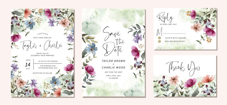 wedding invitation set with beautiful floral garden watercolor frame