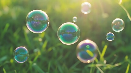 Bubbles floating above green grass in warm sunlight