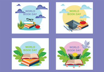 Book concepts set. World book day creative concept horizontal banner, poster, social media post educational flat Vector illustration.