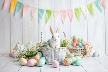 A white bunny sits in a wicker basket filled with colorful Easter eggs, surrounded by flowers and more eggs, with a pastel bunting in the background, creating a festive Easter scene.